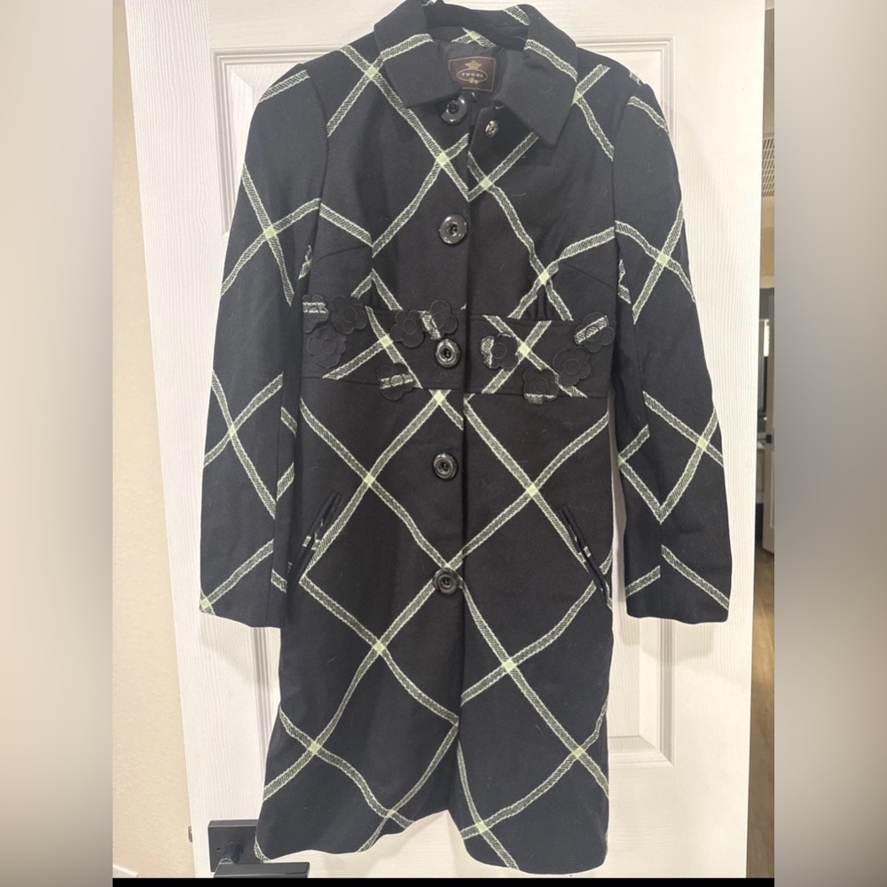 Tocca Black and Green Plaid Trench Coat